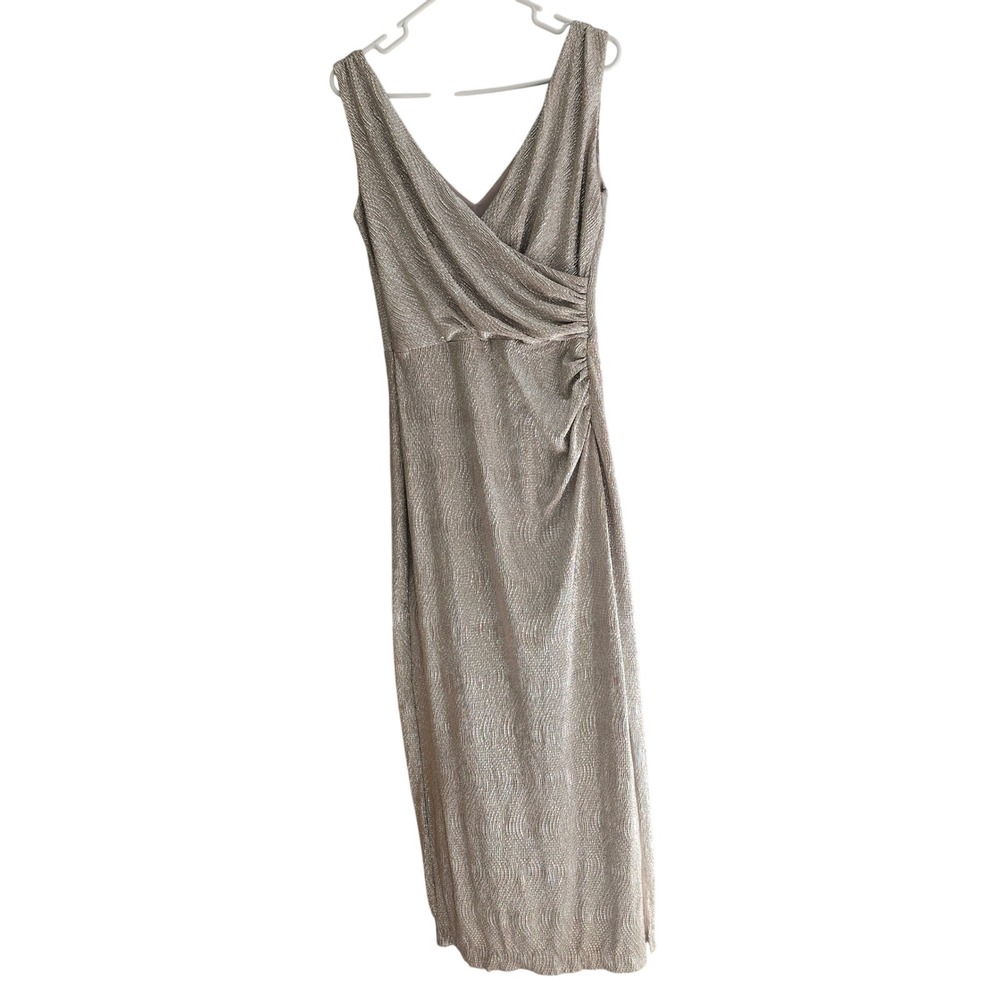 Chaps Evening Metallic Shimmer Gown Gold Silver Ruched V-Neck Maxi Dress 12